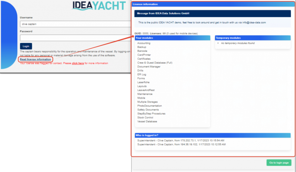 Where to find license information for the IDEA Yacht installation