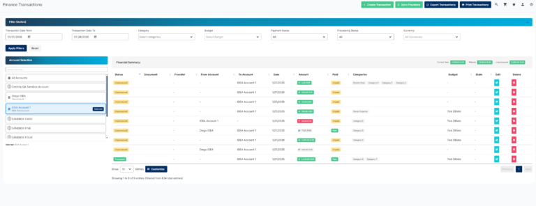 IDEA YACHT finance module transaction overview