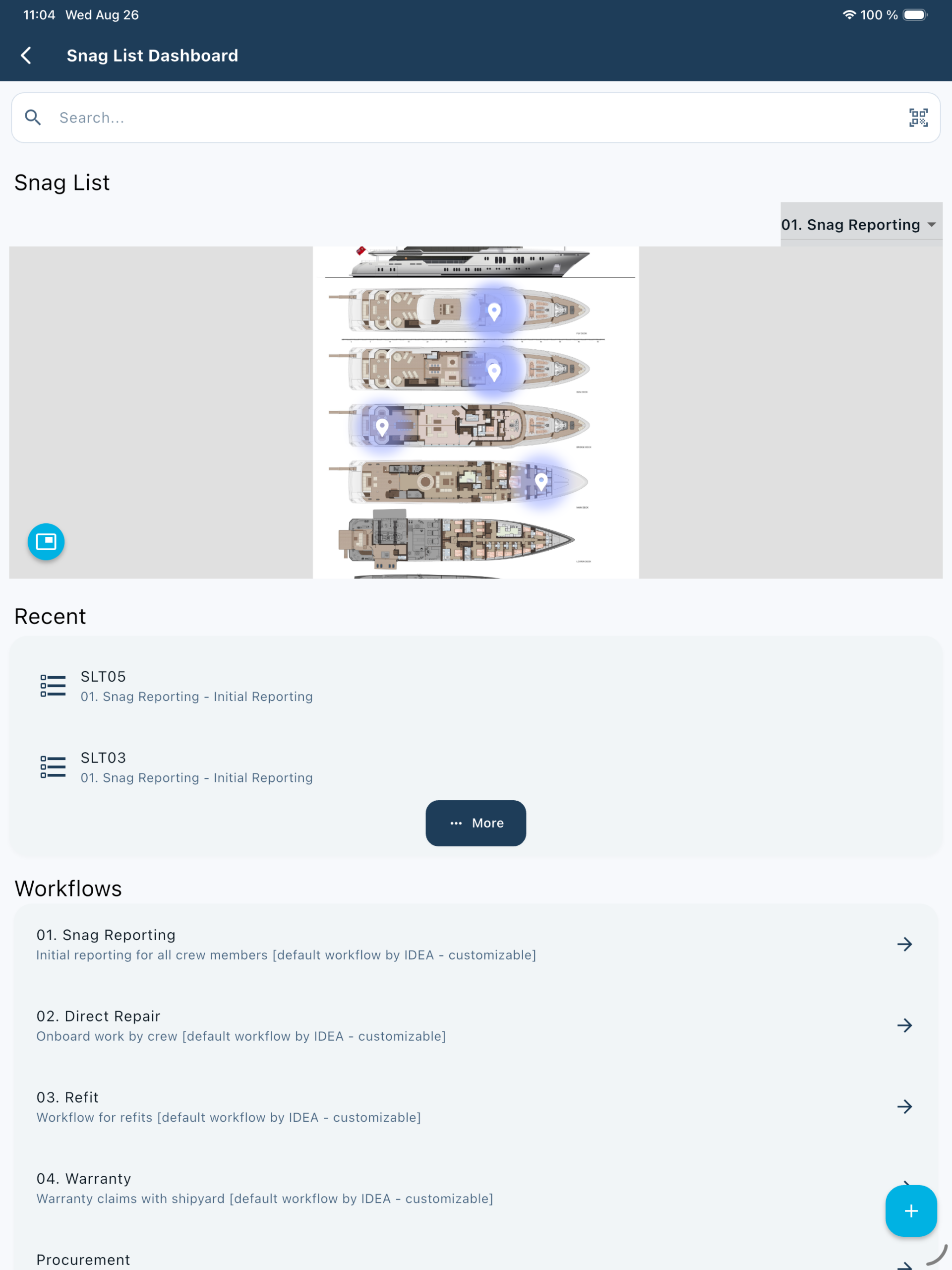 Snag List dashboard on iPad