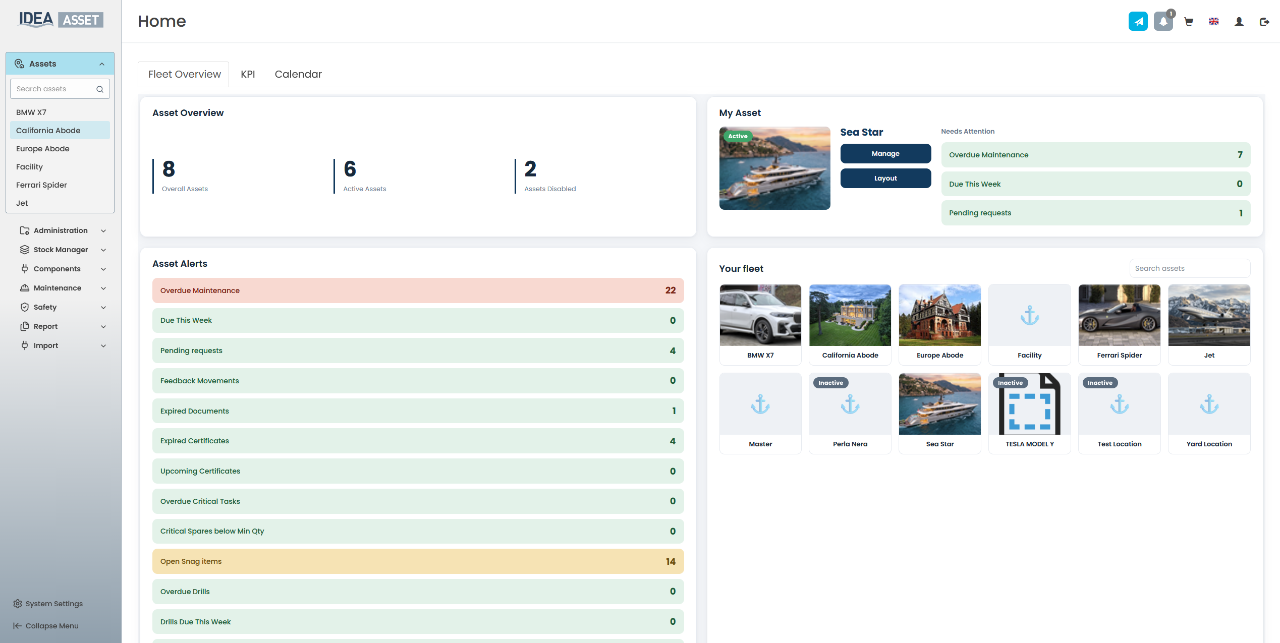 IDEA ASSET Fleet Overview — asset counts, asset alerts and the fleet grid on one screen
