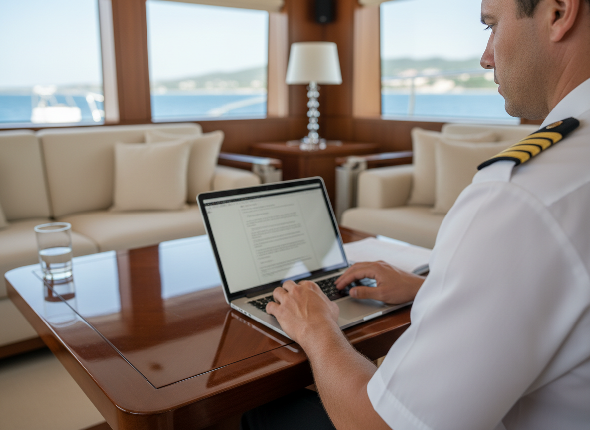 Captain working at a laptop in the yacht saloon