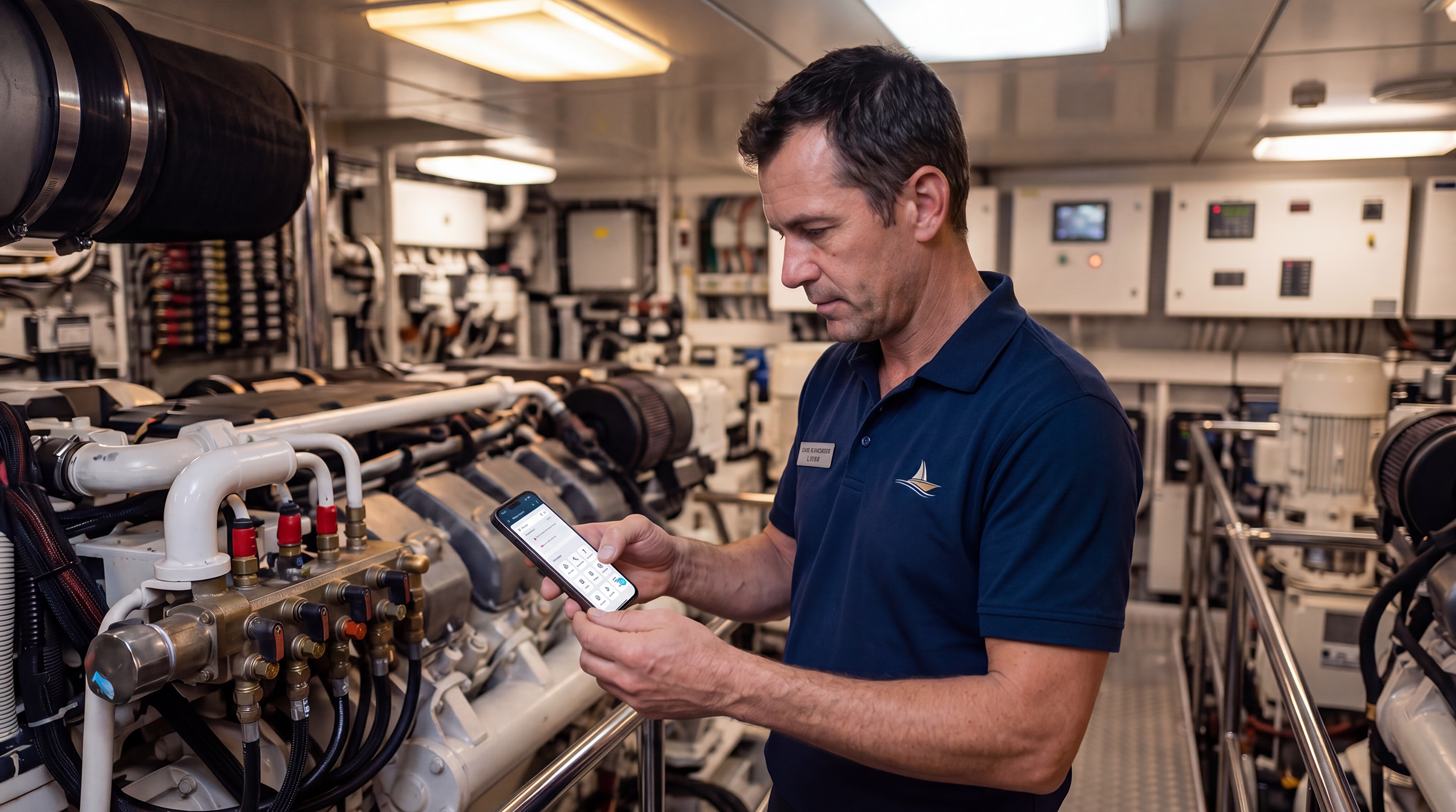 Chief engineer logging a task on his phone in the engine room