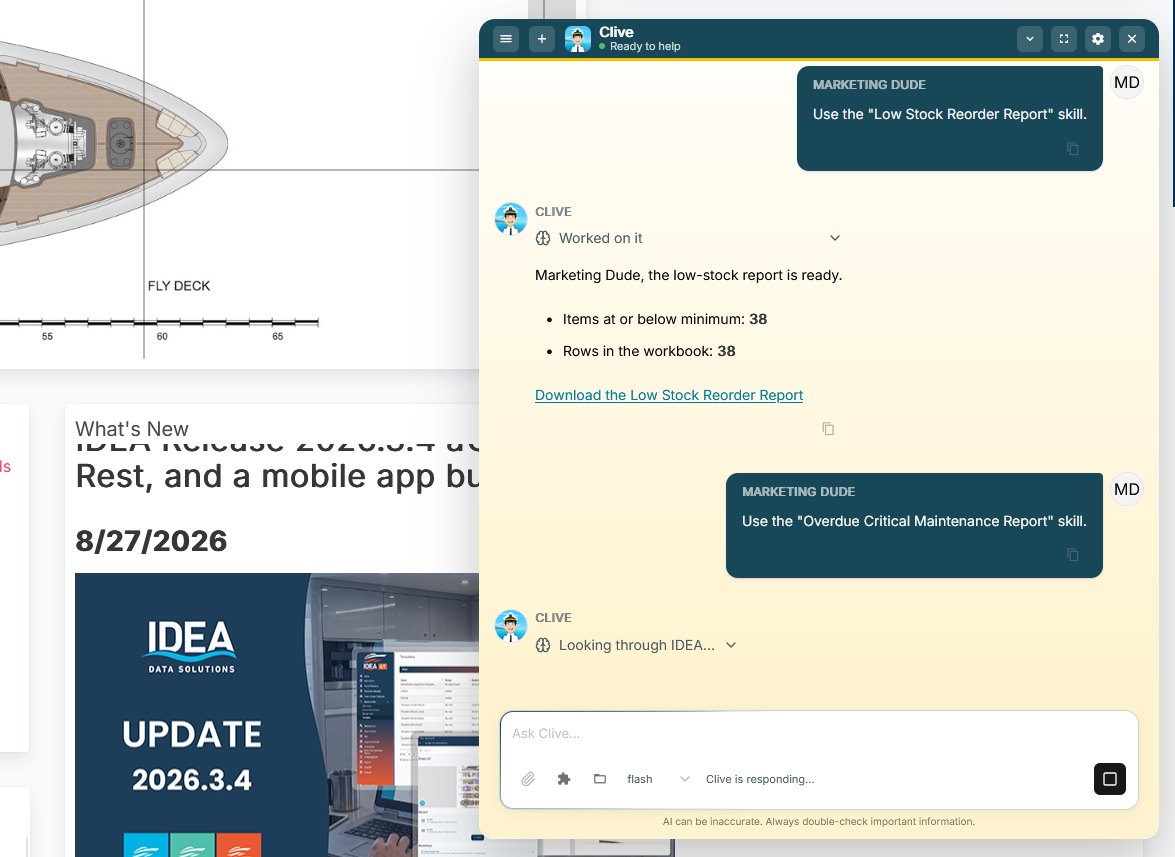 The CLIVE chat docked beside the IDEA YACHT dashboard