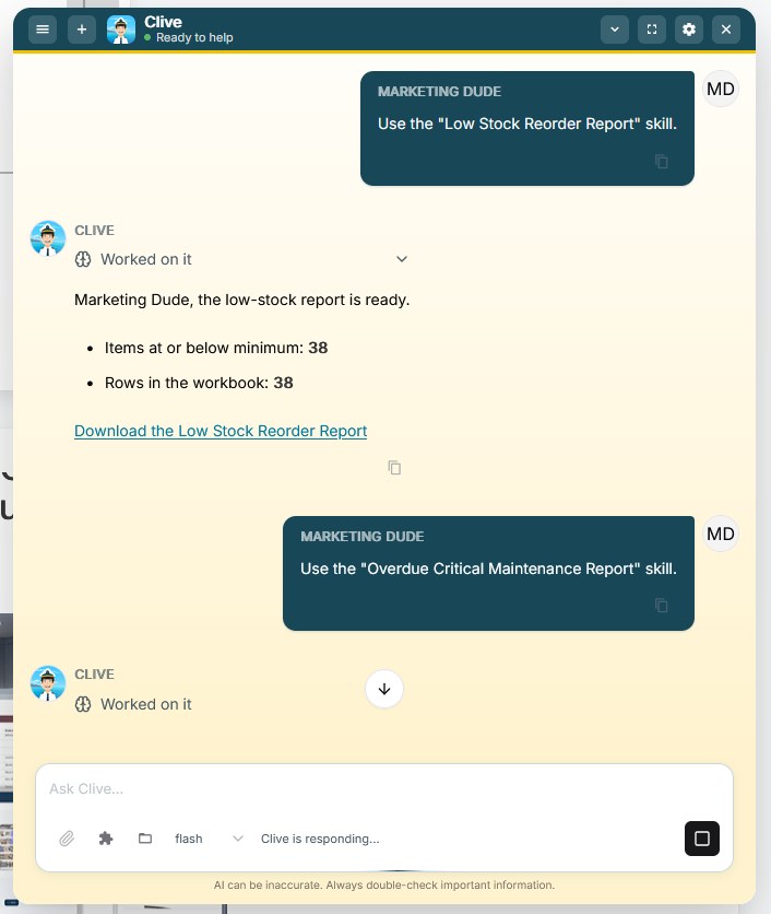 The CLIVE chat running the Low Stock Reorder Report skill and returning a download link