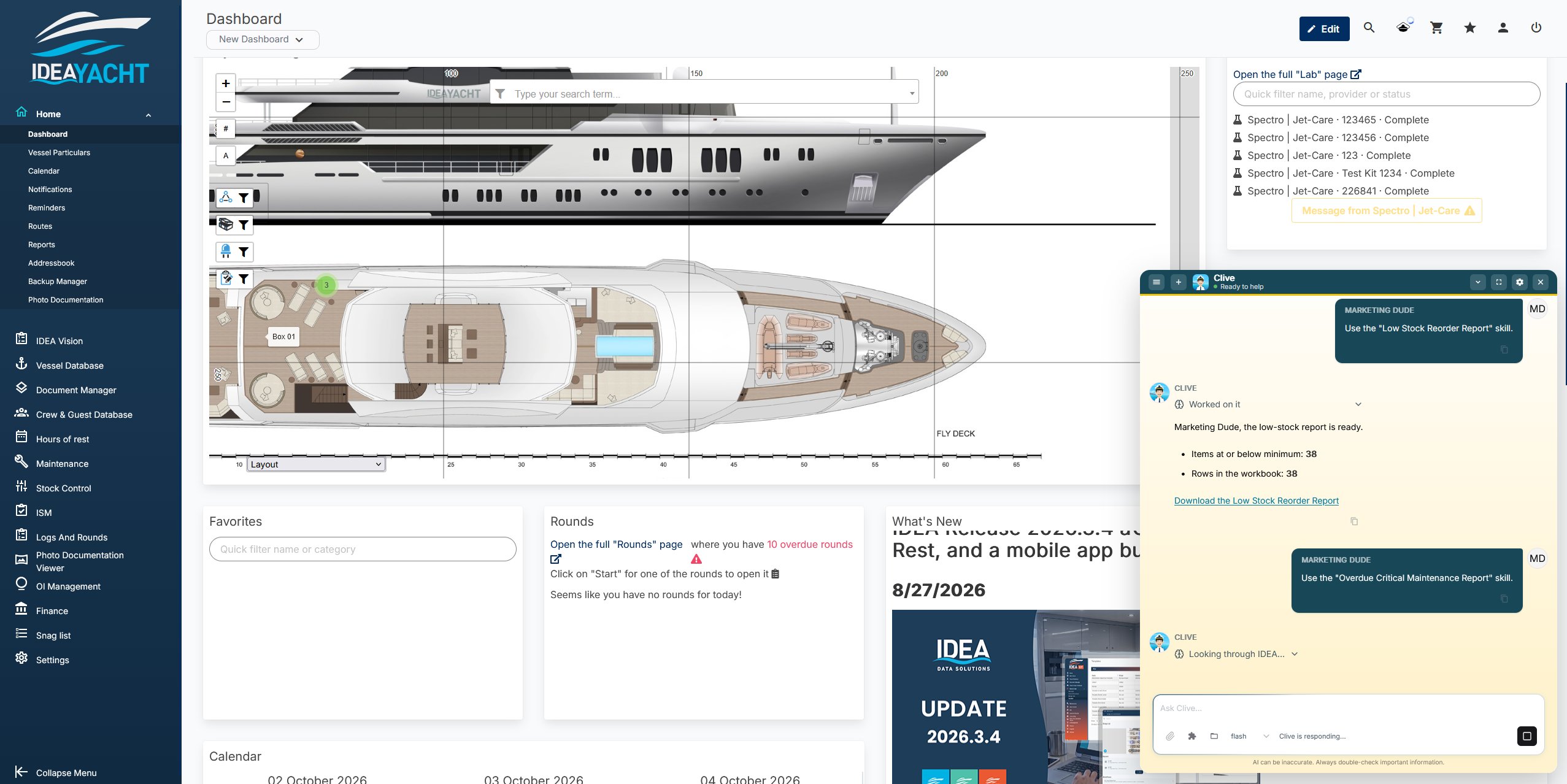 IDEA YACHT dashboard with the CLIVE chat open on the right