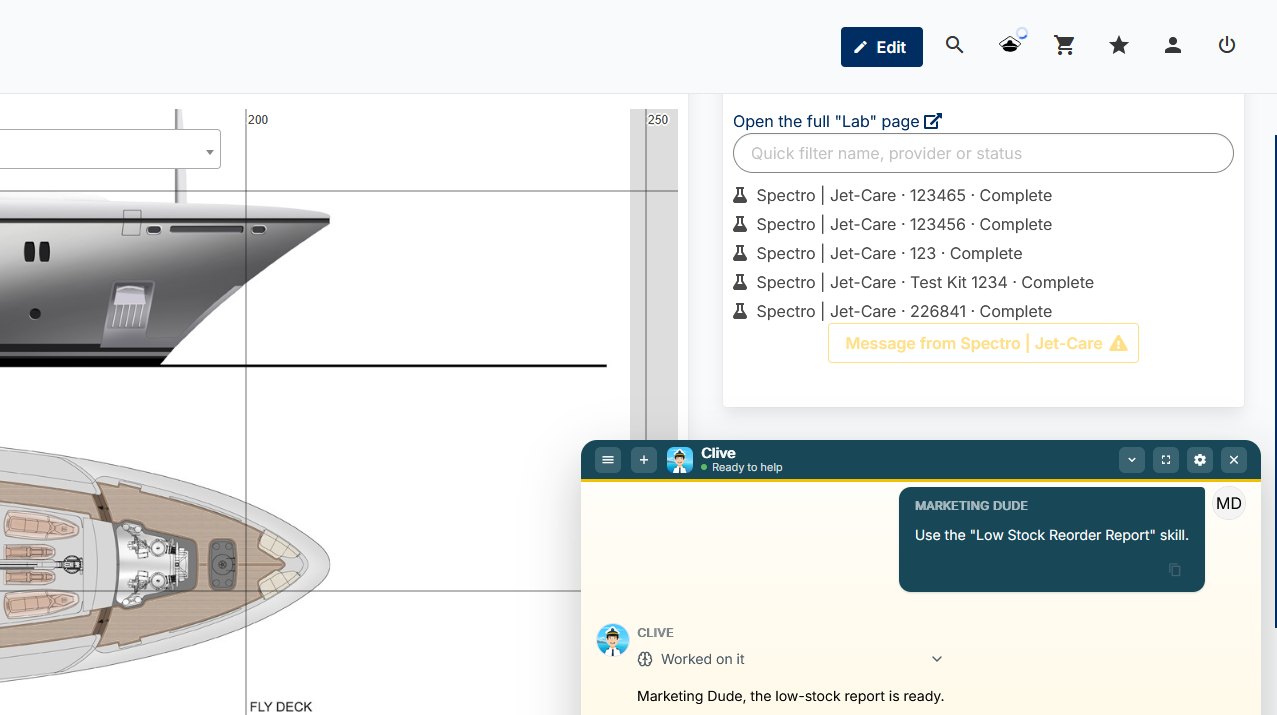The IDEA YACHT toolbar with the CLIVE hat icon and the chat open below